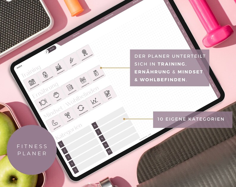 May include: A pink and white digital planner with the text "FITNESS PLANER" in a circle at the bottom left. The planner is divided into sections for training, nutrition, mindset, and well-being. The text "DER PLANER UNTERTEILT SICH IN TRAINING, ERN&Auml;HRUNG & MINDSET & WOHLBEFINDEN." is at the top of the planner. The text "10 EIGENE KATEGORIEN" is at the bottom right of the planner.