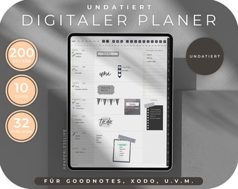 Può includere: Un planner digitale sullo schermo di un tablet con uno schema di colori grigio e bianco. Il planner include 200 adesivi, 10 copertine e 32 modelli. Il planner è compatibile con Goodnotes, Xodo e altre app. Il testo "UNDATIERT" appare due volte nell'immagine.