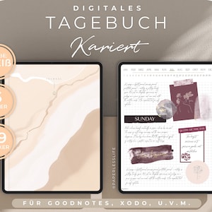 May include: Digital planner template for Goodnotes, Xodo, and other note-taking apps. The template features a beige and brown marble design with a pink and white floral illustration. The planner includes a calendar, a weekly spread, and a quote of the day section. The template is available in white.
