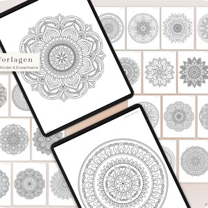 May include: A set of 35 printable mandala coloring pages for adults and children. The pages feature intricate designs with a variety of patterns and shapes. The text "35 Vorlagen f&uuml;r Kreative, Kinder & Erwachsene" is visible at the top of the page.