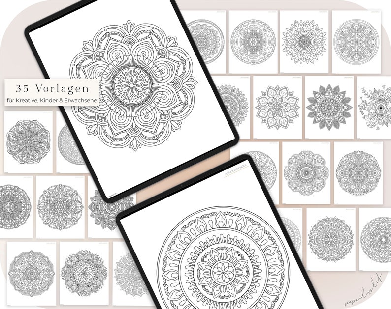 May include: A set of 35 printable mandala coloring pages for adults and children. The pages feature intricate designs with a variety of patterns and shapes. The text "35 Vorlagen f&uuml;r Kreative, Kinder & Erwachsene" is visible at the top of the page.