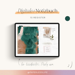 Könnte beinhalten: Ein digitales Notizbuch auf einem Tablet mit einem abstrakten Design in Türkis, Braun und Rosa. Das Notizbuch trägt die Aufschrift "Digitales Notizbuch" und "15 REGISTER". Für Goodnotes, Penly und mehr. Spiralbindung.