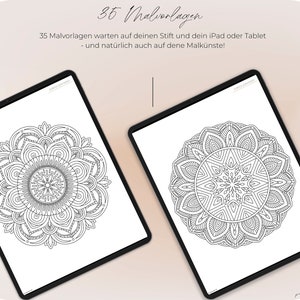 May include: Two digital tablets with black frames display black and white mandala designs. The text "35 Malvorlagen" is at the top of the image. The text "35 Malvorlagen warten auf deinen Stift und dein iPad oder Tablet - und nat&uuml;rlich auch auf deine Malk&uuml;nste!" is below the tablets.