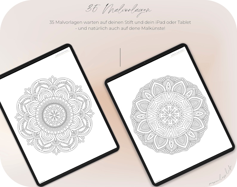May include: Two digital tablets with black frames display black and white mandala designs. The text "35 Malvorlagen" is at the top of the image. The text "35 Malvorlagen warten auf deinen Stift und dein iPad oder Tablet - und nat&uuml;rlich auch auf deine Malk&uuml;nste!" is below the tablets.