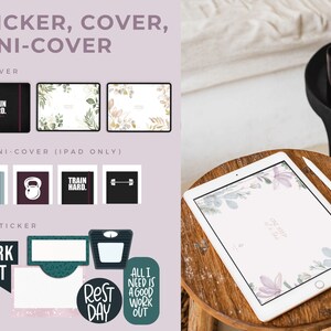 May include: A set of digital planner stickers, covers, and mini-covers with a fitness theme. The stickers feature phrases like "Work Out", "Rest Day", and "All I Need is a Good Work Out". The covers feature a variety of designs, including floral patterns and motivational quotes like "Train Hard".