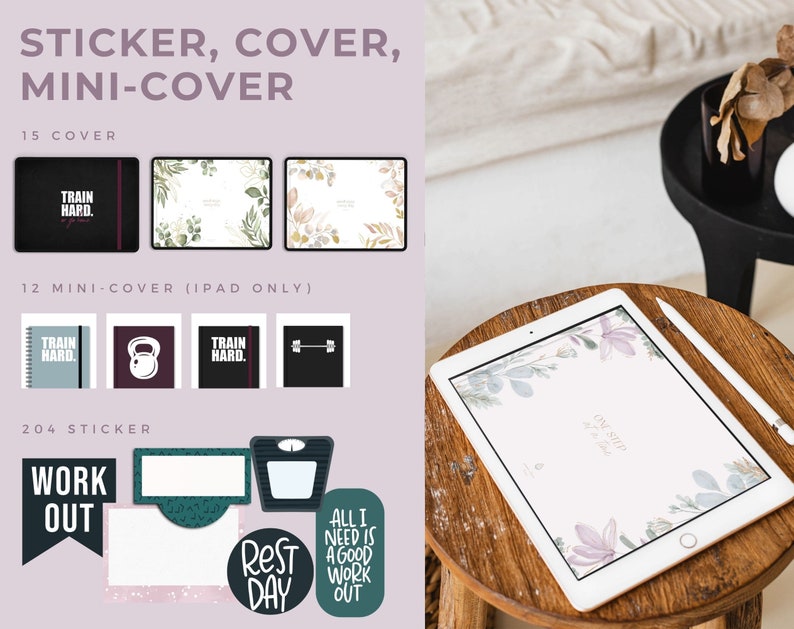 May include: A set of digital planner stickers, covers, and mini-covers with a fitness theme. The stickers feature phrases like "Work Out", "Rest Day", and "All I Need is a Good Work Out". The covers feature a variety of designs, including floral patterns and motivational quotes like "Train Hard".