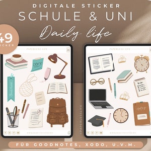 Peut inclure: Un ensemble de 49 autocollants numériques pour Goodnotes, Xodo et d'autres applications de prise de notes. Les autocollants présentent une variété d'illustrations sur le thème de l'école et de l'université, notamment des livres, des crayons, un ordinateur portable, un sac à dos, une tasse à café et une horloge. Les autocollants sont dans une palette de couleurs brun clair, bleu et vert.