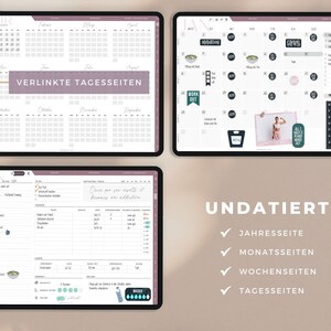May include: A digital planner with a pink and gray theme. The planner includes a yearly calendar, monthly calendars, weekly calendars, and daily pages. The planner is undated and includes the text "VERLINKTE TAGESSEITEN" and "UNDATIERT".