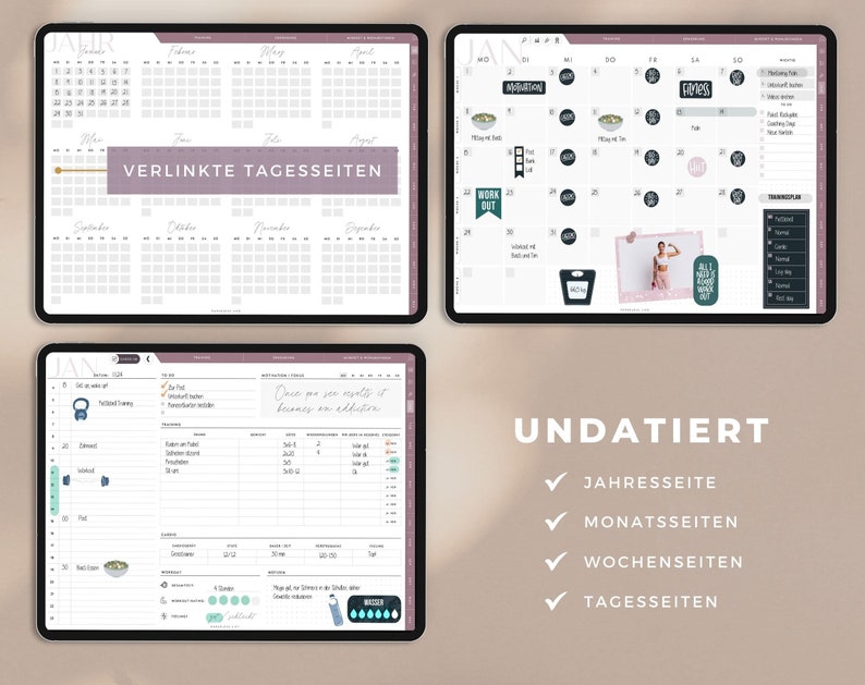 May include: A digital planner with a pink and gray theme. The planner includes a yearly calendar, monthly calendars, weekly calendars, and daily pages. The planner is undated and includes the text "VERLINKTE TAGESSEITEN" and "UNDATIERT".