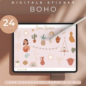 Könnte beinhalten: Ein digitales Sticker-Paket mit 24 Illustrationen im Boho-Stil. Die Sticker zeigen verschiedene Designs, darunter Pflanzen, geometrische Formen und abstrakte Figuren. Die Sticker sind für die Verwendung mit digitalen Notiz-Apps wie Goodnotes und Xodo konzipiert.