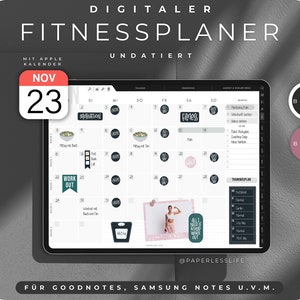 Könnte beinhalten: Digitaler Fitnessplaner auf einem Tablet, undatiert, mit einem Kalender, der den 23. November zeigt. Der Planer enthält Abschnitte für Training, Motivation und einen Trainingsplan. Das Farbschema ist Schwarz und Beere.
