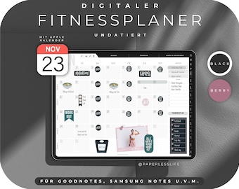 Digital fitness planner German | for GoodNotes including 200+ digital stickers | Undated | Black | With Apple calendar function