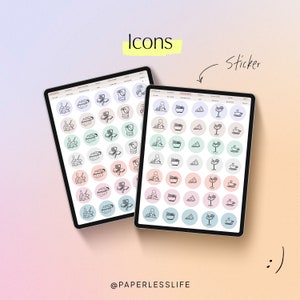 Könnte beinhalten: Zwei digitale Tablets, die einen Satz von 36 Schwarzweiß-Icons auf weißem Hintergrund anzeigen. Die Icons sind in einem Raster angeordnet und von einem hellrosa, hellblauen und hellgrünen Rand umgeben. Die Tablets befinden sich auf einem hellrosa und hellblauen Hintergrund. Der Text "Icons" ist oben im Bild in Gelb geschrieben. Der Text "Sticker" ist oben rechts im Bild in Schwarz geschrieben. Der Text "@PAPERLESSLIFE" ist unten im Bild in Schwarz geschrieben.