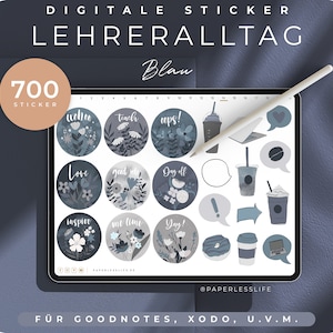 Könnte beinhalten: Ein digitales Sticker-Paket für die Apps Goodnotes und Xodo mit 700 blauen und weißen Stickern mit floralen Designs und Texten wie "teach", "ups!" und "day off".
