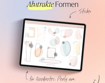 May include: A digital tablet screen displaying a set of abstract shapes in various colors, including peach, light blue, and beige. The shapes are labeled "Abstrakte Formen" and "Sticker" and are described as being for Goodnotes, Penly, and other apps. The text "@PAPERLESSLIFE" is also visible on the screen.