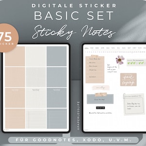 Könnte beinhalten: Ein digitales Sticker-Set für Goodnotes, Xodo und andere Notiz-Apps. Das Set enthält 75 Sticker mit verschiedenen Designs, darunter ein Kalender, ein Blumenmuster und ein motivierendes Zitat. Die Sticker sind in einem hellblauen und beigen Farbschema gehalten.