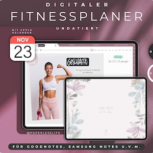 May include: A digital fitness planner for Goodnotes and Samsung Notes with a floral design. The planner includes a calendar, weight tracking, and a section for goals. The text "One step at a time" is written on the planner.