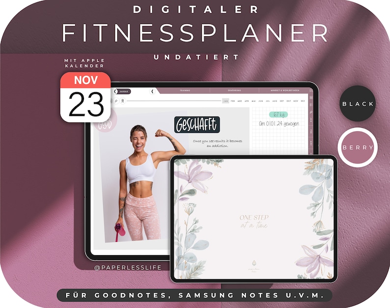 May include: A digital fitness planner for Goodnotes and Samsung Notes with a floral design. The planner includes a calendar, weight tracking, and a section for goals. The text "One step at a time" is written on the planner.