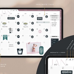May include: A digital planner with a monthly calendar layout for January. The calendar has a pink and gray color scheme and includes stickers for motivation, fitness, and work out. The planner also has a section for linked days and a section for linked weeks.