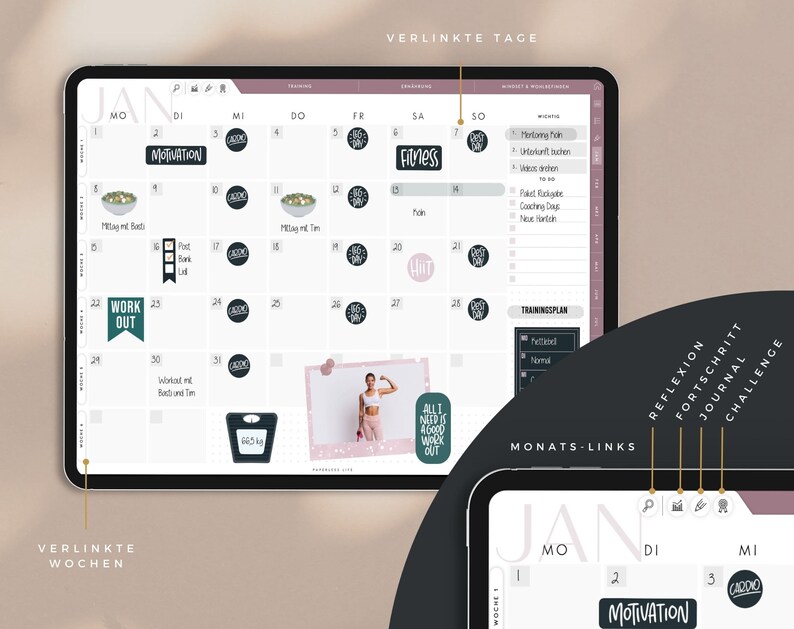 May include: A digital planner with a monthly calendar layout for January. The calendar has a pink and gray color scheme and includes stickers for motivation, fitness, and work out. The planner also has a section for linked days and a section for linked weeks.