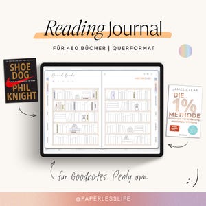 Könnte beinhalten: Ein digitales Lesetagebuch auf einem Tablet, mit einem Bücherregal-Layout zum Verfolgen von Büchern. Das Journal ist für 480 Bücher konzipiert und enthält den Text "Reading Journal". Zwei Bücher sind abgebildet: "Shoe Dog" und "Die 1% Methode".