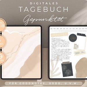Könnte beinhalten: Digitales Journal auf einem Tablet mit einem abstrakten Design in Beige und Weiß. Der Text auf dem Bildschirm lautet "REMINDER" und "THINK BIG". Das Bild enthält auch den Text "DIGITALES TAGEBUCH Gepunktet" und "FÜR GOODNOTES, XODO, U.V.M."