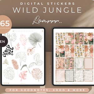 May include: A digital sticker pack with 265 jungle-themed stickers for Goodnotes, Xodo, and more. The stickers feature a variety of tropical leaves, flowers, and animal prints in pink, green, and brown.