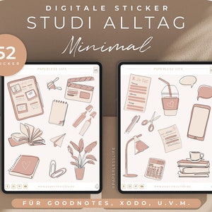 Peut inclure: Un ensemble de 52 autocollants numériques pour Goodnotes, Xodo et d'autres applications de prise de notes. Les autocollants sont de style minimaliste avec un schéma de couleurs rose et blanc. Les autocollants présentent divers articles liés aux études, tels qu'une tasse de café, un ordinateur portable, un livre et un crayon.