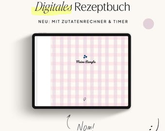 May include: A digital recipe book app on a tablet screen with a pink and white gingham pattern background. The app is called "Meine Rezepte" and has a button that says "Nom!" The text on the screen says "Digitales Rezeptbuch NEU: MIT ZUTATENRECHNER & TIMER".