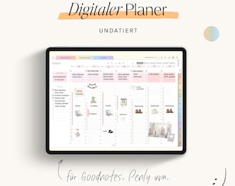 Può includere: Un'app di pianificazione digitale sullo schermo di un tablet con il testo "Digitaler Planer Undatiert" e "Januar" visualizzato. Il planner è progettato per l'uso con app come Goodnotes e Penly.