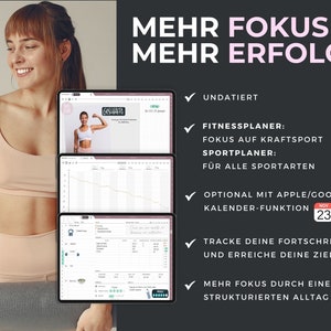 May include: A pink and white fitness planner with the text "Mehr Fokus Mehr Erfolge" and a checklist of features including "Undatiert", "Fitnessplaner: Fokus auf Kraftsport", "Sportplaner: F&uuml;r alle Sportarten", "Optional mit Apple/Google Kalender-Funktion", "Tracke deine Fortschritte und erreiche deine Ziele", and "Mehr Fokus durch einen strukturierten Alltag".