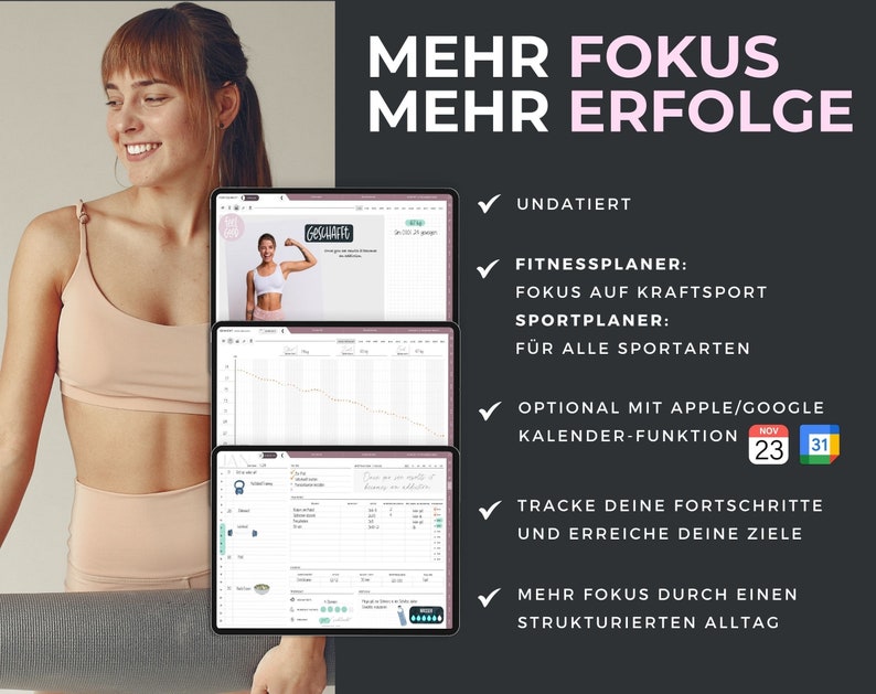 May include: A pink and white fitness planner with the text "Mehr Fokus Mehr Erfolge" and a checklist of features including "Undatiert", "Fitnessplaner: Fokus auf Kraftsport", "Sportplaner: F&uuml;r alle Sportarten", "Optional mit Apple/Google Kalender-Funktion", "Tracke deine Fortschritte und erreiche deine Ziele", and "Mehr Fokus durch einen strukturierten Alltag".