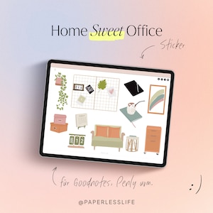 Könnte beinhalten: Eine digitale Illustration einer Sticker-Tabelle mit verschiedenen Illustrationen zum Thema Home Office. Die Sticker-Tabelle enthält einen Kalender, eine Topfpflanze, eine Couch, eine Kaffeetasse, einen Regenbogen, einen Aktenschrank und einen Kalender. Der Text "Home Sweet Office" befindet sich oben im Bild. Der Text "Sticker" steht neben einem Pfeil, der auf die Sticker-Tabelle zeigt. Der Text "für Goodnotes, Penly, etc." befindet sich unten im Bild. Der Text "@PAPERLESSLIFE" befindet sich unter dem Text "für Goodnotes, Penly, etc."