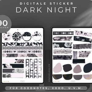 Könnte beinhalten: Ein digitales Sticker-Paket für Goodnotes, Xodo und andere Notiz-Apps. Das Paket enthält 90 Sticker mit einem dunklen Nacht-Thema mit floralen Mustern, Monden und Sternen in Grautönen, Schwarz und Weiß.