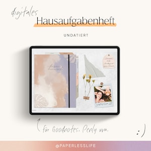 Può includere: Un planner digitale sullo schermo di un tablet con uno sfondo ad acquerello e il testo "do your homework". Il planner ha divisori con le parole "Today", "Week", "Month" e "Notes". C'è una foto di due ragazze con il testo "September 22" sullo schermo. Il testo "digitales Hausaufgabenheft UNDATIERT" è nella parte superiore dell'immagine. Il testo "für Goodnotes, Penly uvm." è nella parte inferiore dell'immagine.