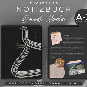Könnte beinhalten: Ein Mockup einer digitalen Notizbuch-App mit einem dunklen Modus-Interface. Die App verfügt über einen schwarzen Hintergrund mit weißen Linien und eine handschriftliche Notiz, die "Montag" (deutsch für Montag) lautet. Die App ist für die Verwendung mit Goodnotes, Xodo und anderen Notiz-Apps konzipiert.