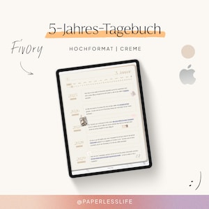 Könnte beinhalten: Ein cremefarbenes 5-Jahres-Tagebuch mit einem schwarz-weißen Zebra-Sticker auf dem Cover. Das Tagebuch ist auf der ersten Seite geöffnet, die mit dem 3. Januar datiert ist. Das Tagebuch trägt den Titel "5-Jahres-Tagebuch" und "HOCHFORMAT | CREME".