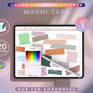 May include: A digital screen displaying a set of 120 color-changing washi tape stickers for Goodnotes. The stickers feature various patterns, including polka dots, stripes, and geometric shapes. The screen also shows a color palette and the text "PAPERLESSLIFE".