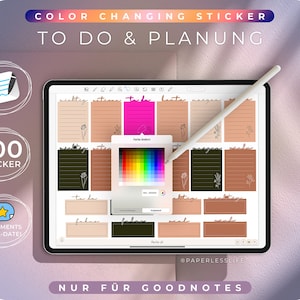 Könnte beinhalten: Ein digitaler Planer-Bildschirm mit 100 farbwechselnden Stickern für To-Do-Listen und Planung. Die Sticker sind in einem Rasterlayout mit verschiedenen Farben und Designs angeordnet. Der Bildschirm zeigt auch eine Farbpalette zum Anpassen der Sticker.
