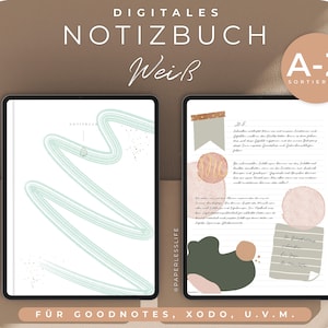 Könnte beinhalten: Digitales Notizbuch-Template für Goodnotes, Xodo und andere Apps. Das Template hat einen weißen Hintergrund mit einem hellgrünen abstrakten Design und einen Bereich für Notizen mit einem hellrosa und grünen abstrakten Design. Der Text "A-Z Sortierung" befindet sich in der oberen rechten Ecke des Bildes.