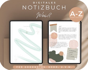 May include: Digital notebook template for Goodnotes, Xodo, and other apps. The template features a white background with a light green abstract design and a section for notes with a light pink and green abstract design. The text "A-Z Sortierung" is in the upper right corner of the image.