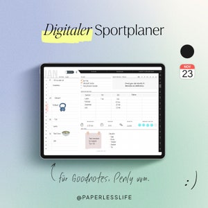 Könnte beinhalten: Ein digitaler Sportplaner mit Kalender, Trainingstagebuch und motivierenden Zitaten. Der Planer ist für die Verwendung mit Goodnotes, Penly und anderen Notiz-Apps konzipiert. Der Planer ist mit "Digitaler Sportplaner" und "@PAPERLESSLIFE" beschriftet.