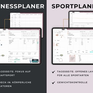 May include: Two digital planners, one labeled "Fitness Planner" and the other "Sport Planner", are shown on a tablet screen. The Fitness Planner has a daily log for tracking workouts and physical factors. The Sport Planner has a daily log for tracking workouts and a graph for tracking weight. Both planners have a check-in section for tracking physical factors.