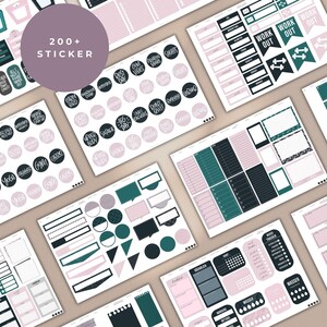 May include: A set of 200+ planner stickers in black, white, pink, and teal. The stickers feature various shapes, including circles, squares, rectangles, and banners. The stickers include text such as "Work Out", "HIIT", "Yoga", and "Gym Time".