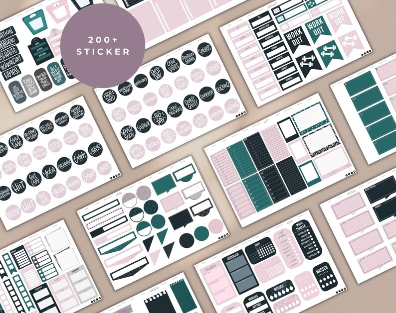May include: A set of 200+ planner stickers in black, white, pink, and teal. The stickers feature various shapes, including circles, squares, rectangles, and banners. The stickers include text such as "Work Out", "HIIT", "Yoga", and "Gym Time".