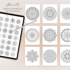 May include: A digital tablet displaying a grid of 36 mandala designs. The tablet is labeled "Index" and "&Uuml;bersicht". The text "W&auml;hle ein Mandala von der Startseite aus" is also visible. The tablet is lying on a white surface with a stylus next to it. There are 8 additional mandala designs displayed on white squares.