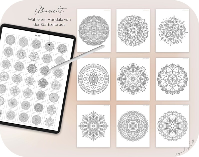 May include: A digital tablet displaying a grid of 36 mandala designs. The tablet is labeled "Index" and "&Uuml;bersicht". The text "W&auml;hle ein Mandala von der Startseite aus" is also visible. The tablet is lying on a white surface with a stylus next to it. There are 8 additional mandala designs displayed on white squares.