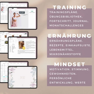 May include: Three digital tablet screens showing different sections of a fitness app. The first screen shows a woman working out, the second screen shows a meal plan, and the third screen shows a motivational quote. The app is called "OLATEP" and includes sections for training, nutrition, and mindset.