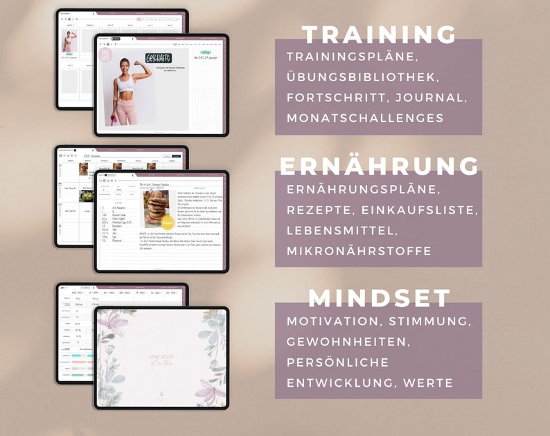 May include: Three digital tablet screens showing different sections of a fitness app. The first screen shows a woman working out, the second screen shows a meal plan, and the third screen shows a motivational quote. The app is called "OLATEP" and includes sections for training, nutrition, and mindset.