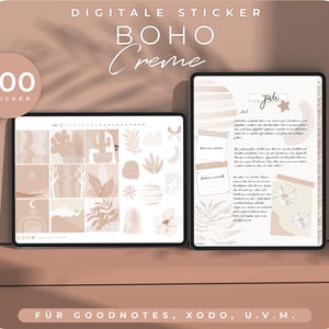 Könnte beinhalten: Ein digitales Sticker-Paket mit 700 Boho-Stickern in Creme-Tönen. Die Sticker sind auf einem Tablet-Bildschirm dargestellt und zeigen verschiedene abstrakte Formen, Pflanzen und Illustrationen. Der Text "DIGITAL STICKER BOHO Creme" ist oben im Bild dargestellt. Der Text "700 STICKER" ist in einem Kreis oben links im Bild dargestellt. Der Text "FÜR GOODNOTES, XODO, U.V.M." ist unten im Bild dargestellt.